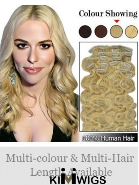 Designed Blonde Wavy Remy Human Hair Clip In Hair Extensions