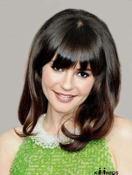 Comfortable Brown Shoulder Length Wavy 14 inch With Bangs Zooey Deschanel Lace Wigs
