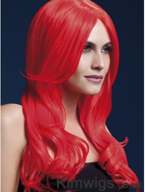 Synthetic Long Hair Wigs Red Color Wavy Style With Capless