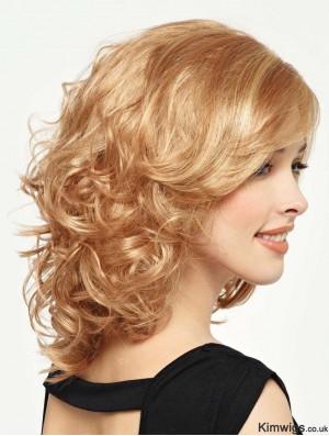 Curly Wig With Bangs Shoulder Length Blonde Color With Capless