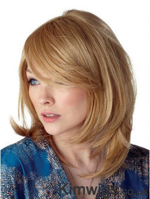 Cheapest Straight Blonde Shoulder Length With Bangs Medium Wigs