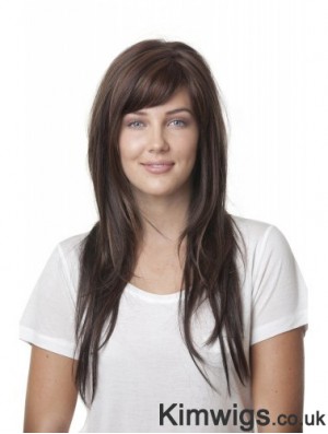 Ideal Brown Straight With Bangs Monofilament Long Wigs