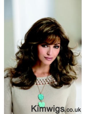 Sleek Brown Wavy With Bangs Capless Long Wigs