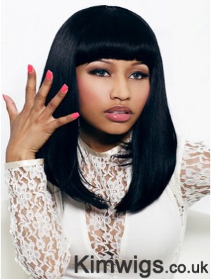 16 inch Black Straight With Bangs Shoulder Length Convenient Nicki Minaj Wigs