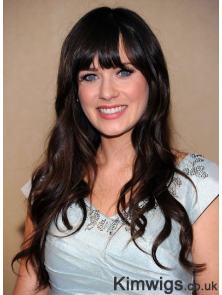 Fashionable Black Long Wavy 25 inch With Bangs Zooey Deschanel Wigs