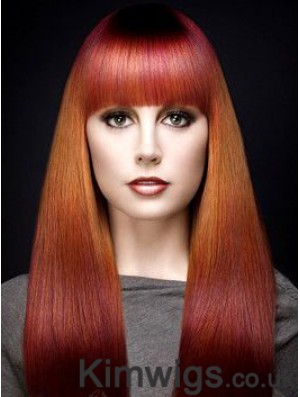 Popular Ombre/2 Tone Long Straight With Bangs 18 inch Human Lace Wigs